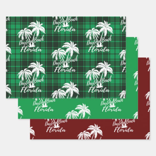 Daytona Beach Florida Green Plaid Green Red Wrapping Paper Sheets (Set)