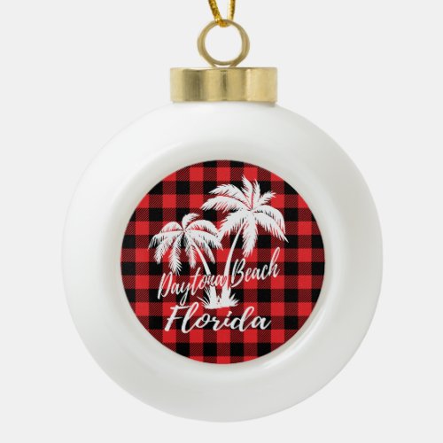 Daytona Beach Florida Palm Trees Beach Red Plaid Ceramic Ball Christmas Ornament