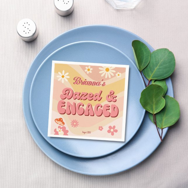 Dazed and engaged groovy retro daisy bachelorette napkins (Dazed and engaged groovy retro daisy bachelorette party printed napkins personalized table decor)