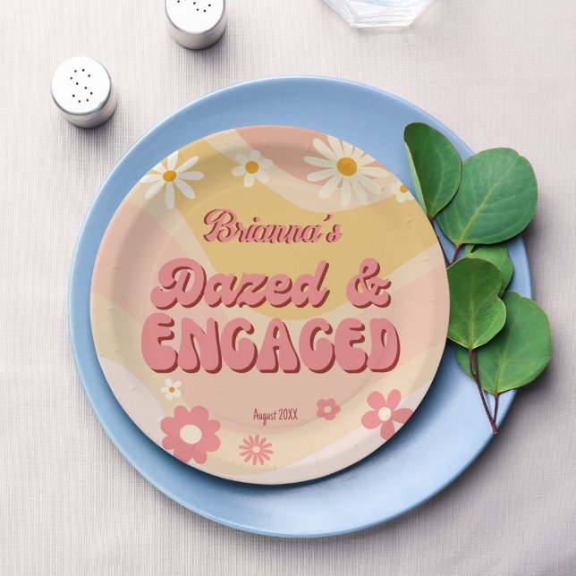 Dazed and engaged groovy retro daisy bachelorette paper plates (Dazed and engaged groovy retro daisy bachelorette party personalized printed paper plates)