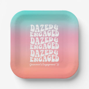 Dazed and Engaged Pink Aqua Retro Text Paper Plates