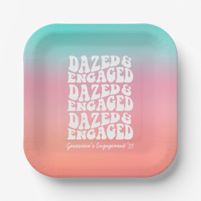 Dazed and Engaged Pink Aqua Retro Text Paper Plates (Front)