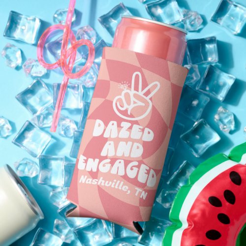 Dazed And Engaged Retro Checkerboard Bachelorette  Seltzer Can Cooler