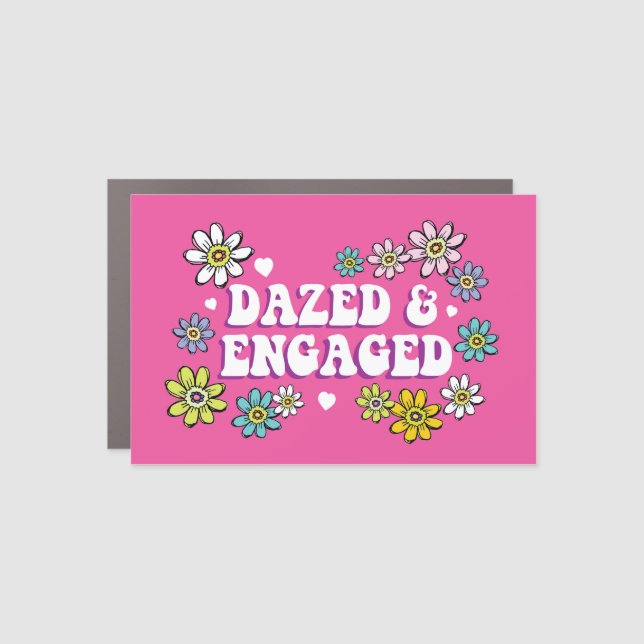 Dazed & Engaged 60s Bachelorette Groovy Pink Daisy Car Magnet (Front)