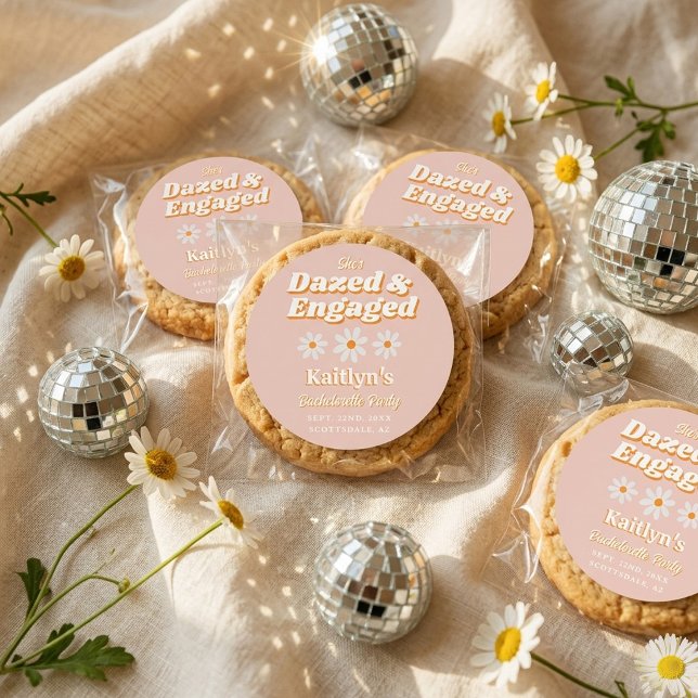 Dazed & Engaged Groovy 70s Bachelorette Party Classic Round Sticker (Creator Uploaded)