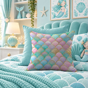 Dazzling Aqua Mermaid Scales Fantasy Throw Pillow