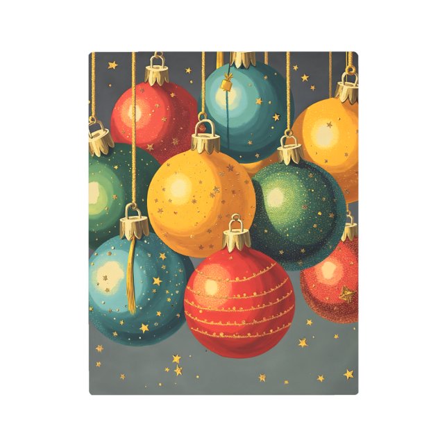Dazzling Baubles: Festive Retro Christmas Ornament Metal Print (Front)