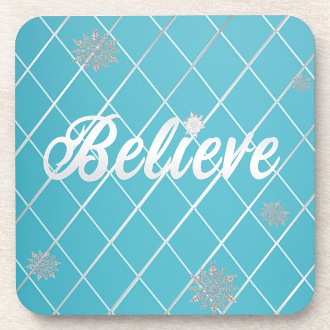 Dazzling Believe Light Blue and Silver  Beverage Coaster (Front)