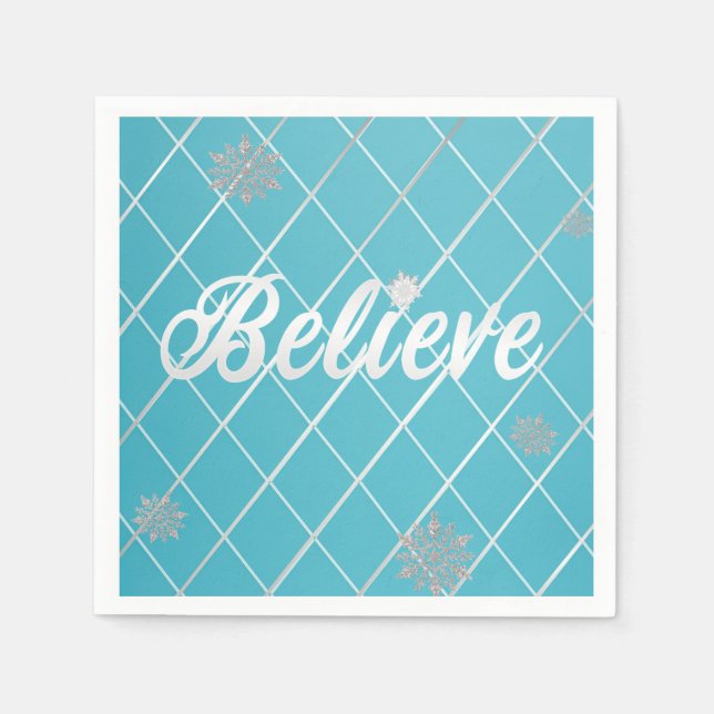 Dazzling Believe Light Blue and Silver Checkered  Napkins (Front)