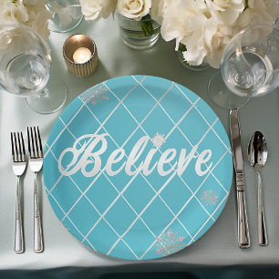 Dazzling Believe Light Blue and Silver Checkered  Paper Plates