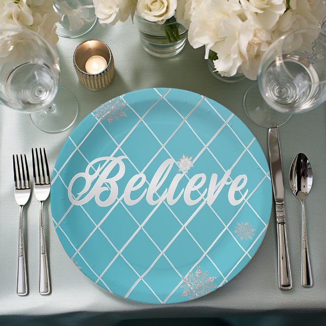 Dazzling Believe Light Blue and Silver Checkered  Paper Plates (Creator Uploaded)