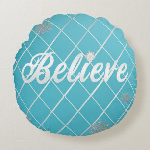 Dazzling Believe Light Blue and Silver Checkered  Round Pillow