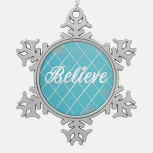 Dazzling Believe Light Blue and Silver Checkered Snowflake Pewter Christmas Ornament