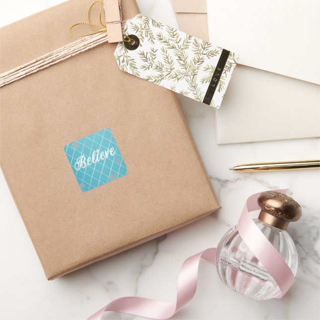 Dazzling Believe Light Blue and Silver Checkered  Square Sticker (Gifting)