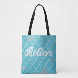 Dazzling Believe Light Blue and Silver Checkered Tote Bag