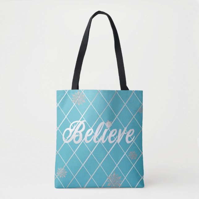 Dazzling Believe Light Blue and Silver Checkered  Tote Bag (Front)