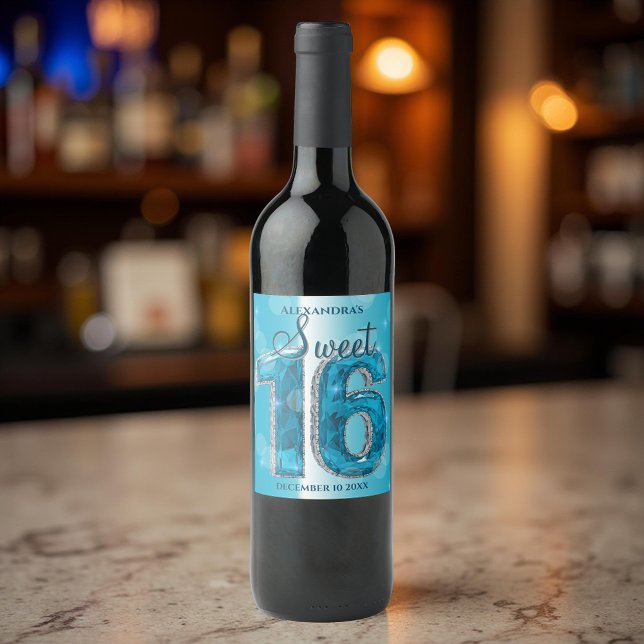 Dazzling Blue Gemstone Sweet 16 Celebration Wine Label (Creator Uploaded)