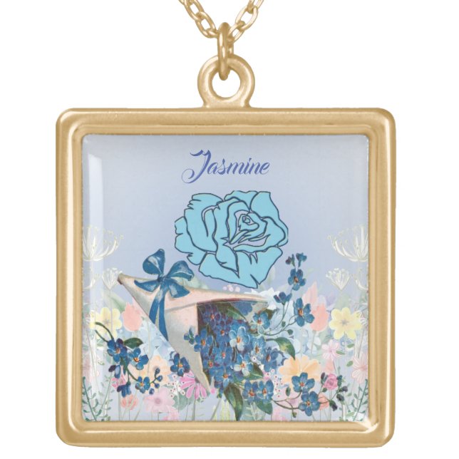 Dazzling Blue Rose Flower Bouquet Floral Elegant  Gold Plated Necklace (Front)