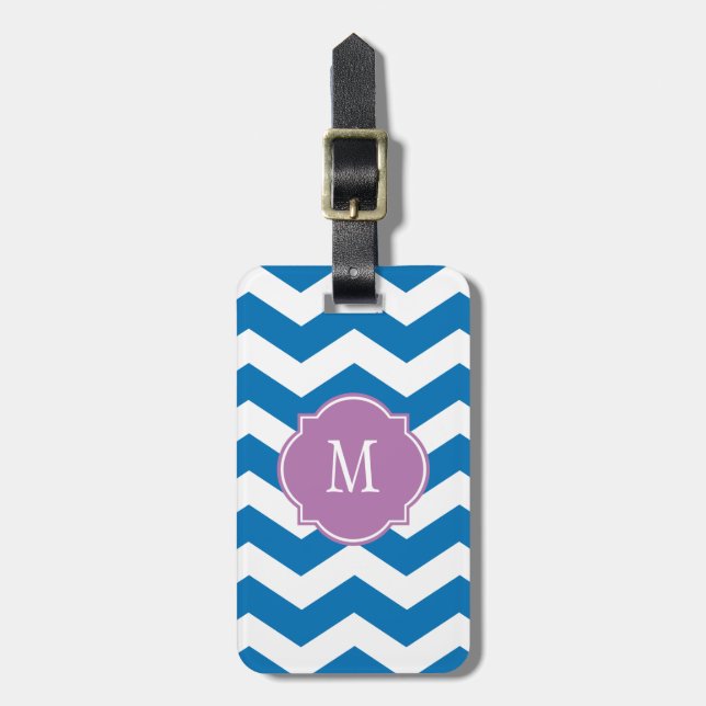 Dazzling Blue & White Chevron Monogram Luggage Tag (Front Vertical)