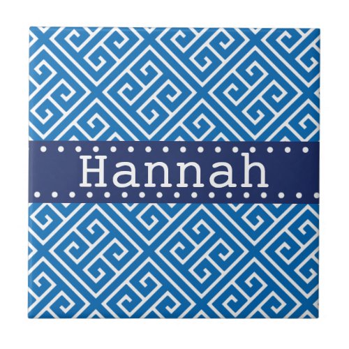 Dazzling Blue White Greek Key Pattern Blue Name Ceramic Tile