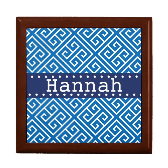 Dazzling Blue White Greek Key Pattern Blue Name Keepsake Box (Front)