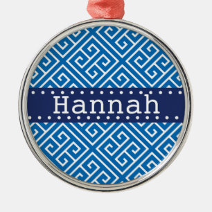 Dazzling Blue White Greek Key Pattern Blue Name Metal Ornament
