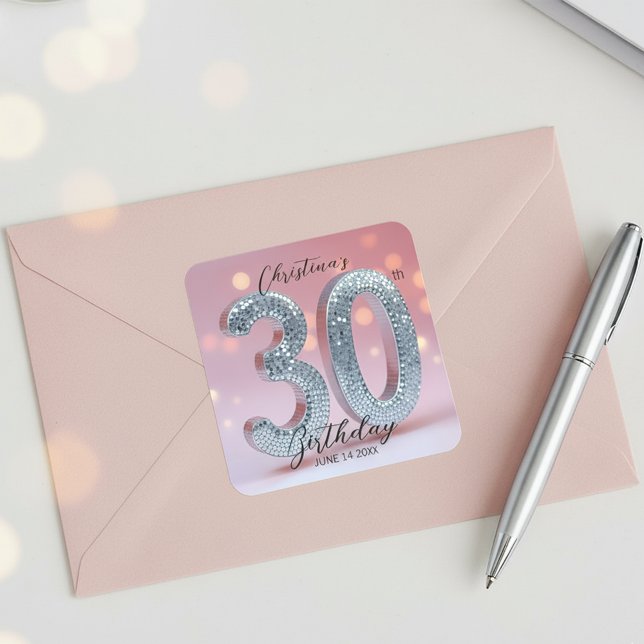 Dazzling Chic Pink and Silver Sequin 30 Birthday Square Sticker (Creator Uploaded)