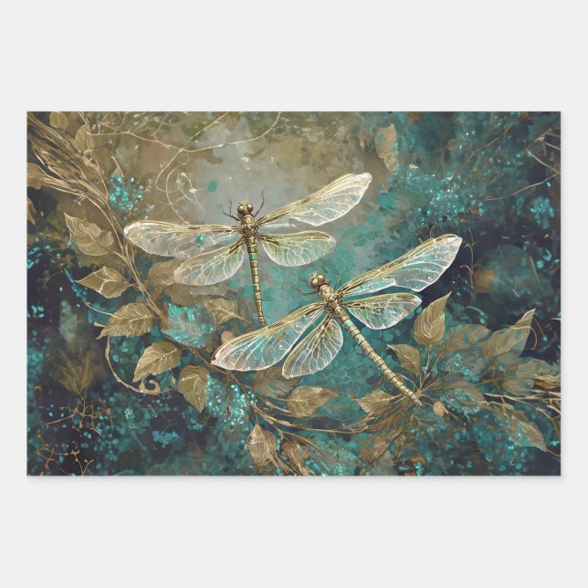 Dazzling Dancing Dragonflies, Gossamer Wings Wrapping Paper Sheets (Front)