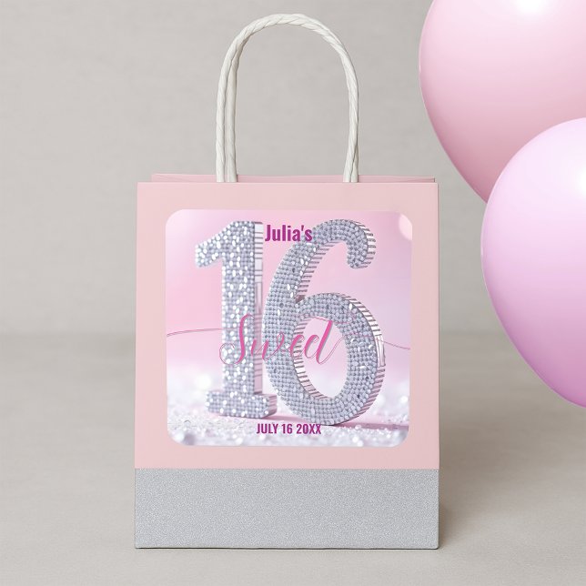 Dazzling Diamond Sweet Sixteen Pink Glam Birthday Square Sticker (Creator Uploaded)