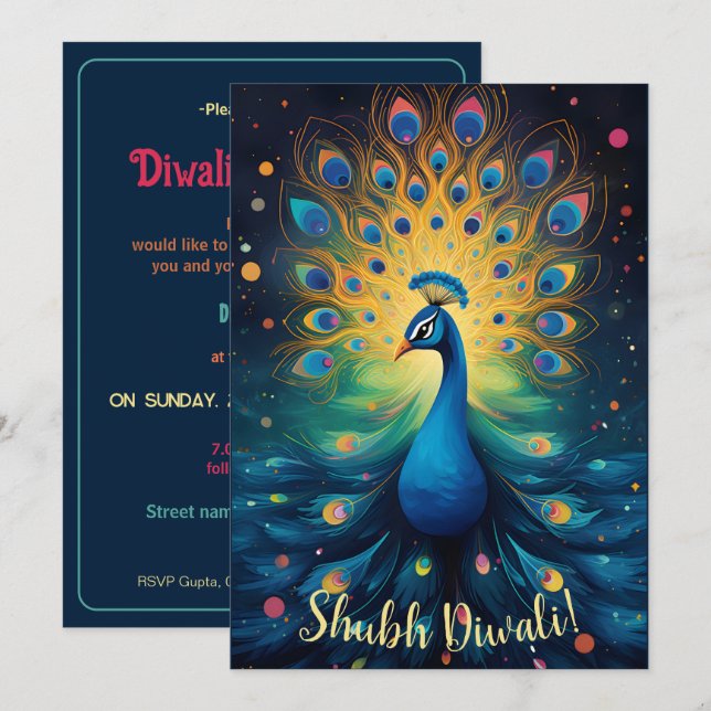 Dazzling Diwali Delight: The Joyful Peacock🦚 Invitation (Front/Back)