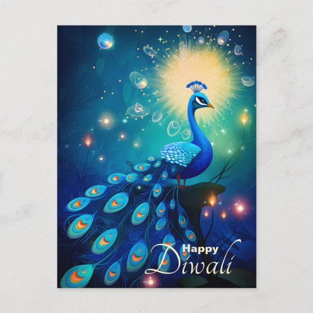 Dazzling Diwali Delight: The regal Peacock🦚 Holiday Postcard (Front)