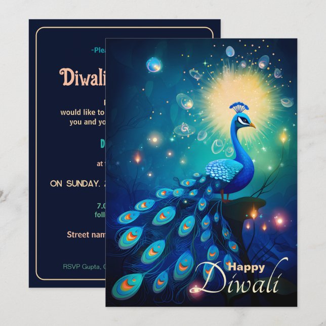 Dazzling Diwali Delight: The regal Peacock🦚 Invitation (Front/Back)