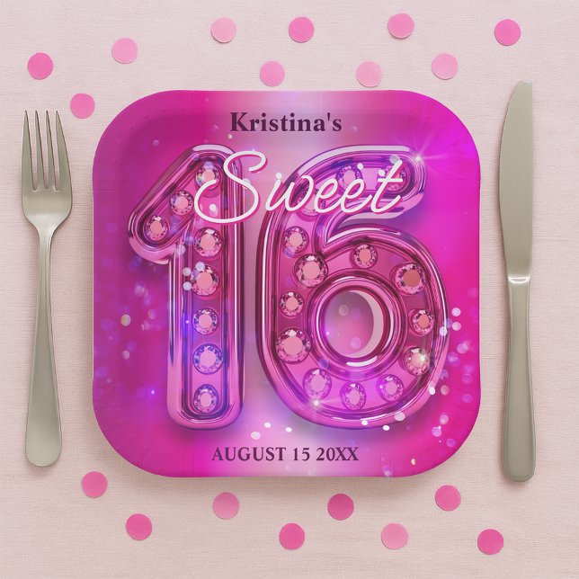 Dazzling Fuchsia Jeweled Sweet Sixteen Milestone Paper Plates (Creator Uploaded)