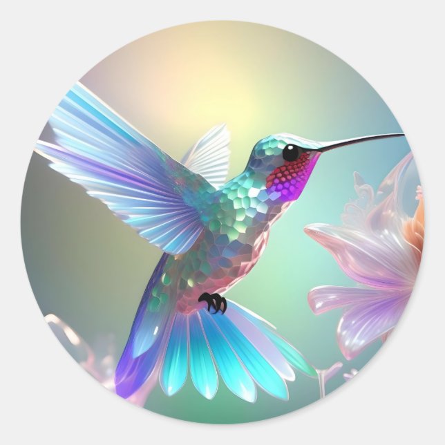 Dazzling Fusion: Rainbow Glass Hummingbird,  Classic Round Sticker (Front)