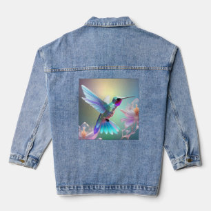 Dazzling Fusion: Rainbow Glass Hummingbird,  Denim Jacket