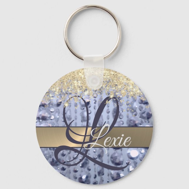 Dazzling Glittery Blue Beads Monogram              Keychain (Front)