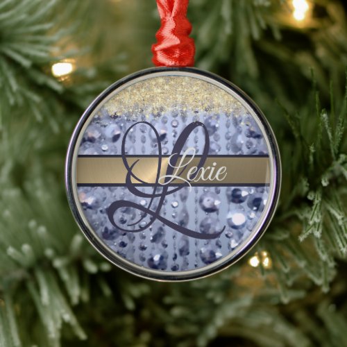 Dazzling Glittery Blue Beads Monogram              Metal Ornament