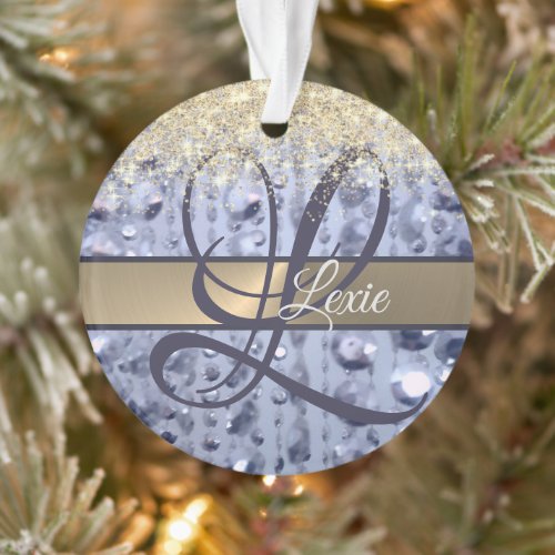 Dazzling Glittery Blue Beads Monogram            Ornament