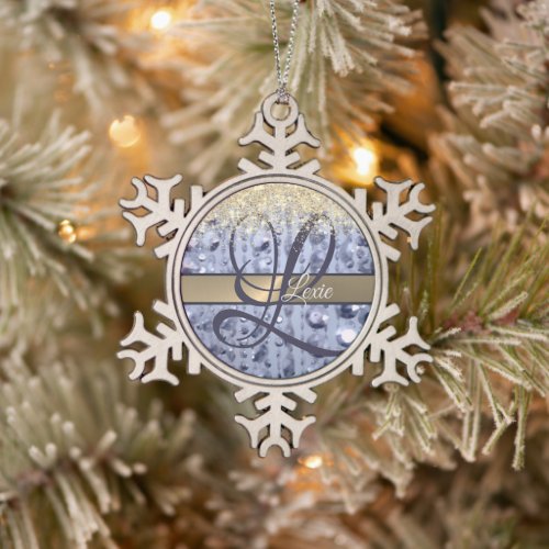 Dazzling Glittery Blue Beads Monogram              Snowflake Pewter Christmas Ornament