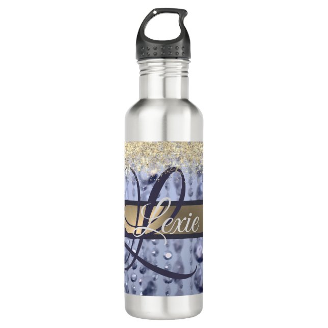 Dazzling Glittery Blue Beads Monogram    Stainless Steel Water Bottle (Front)