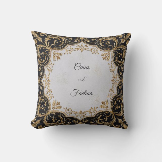 Dazzling Gold Glitter Baroque Black Luxury Wedding Throw Pillow (Front)