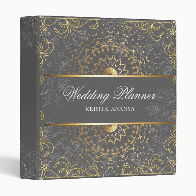 Dazzling Gray and Gold Wedding Planner 3 Ring Binder (Front/Spine)