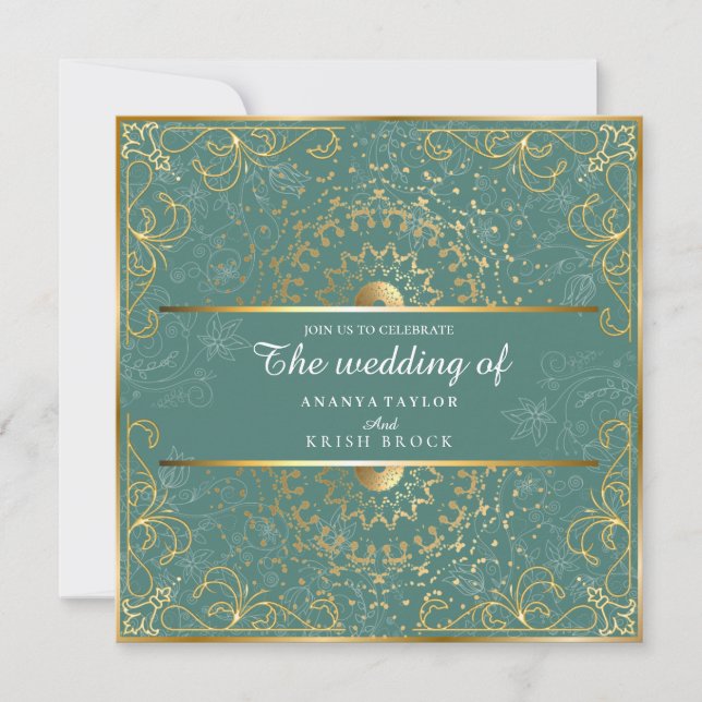 Dazzling Green and Gold Wedding Invitation (Front)