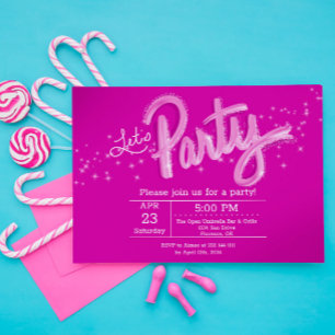 Dazzling Hot Pink Let's Party Horizontal Invitation