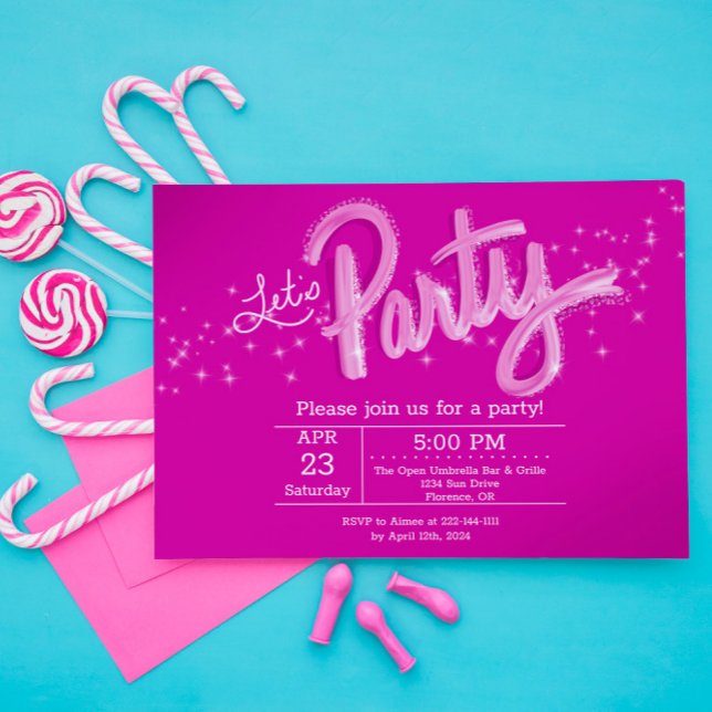 Dazzling Hot Pink Let's Party Horizontal Invitation (Creator Uploaded)