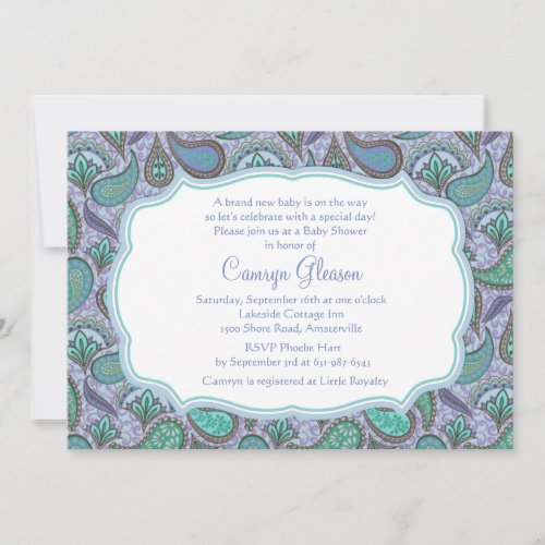 Dazzling Paisley Blue Baby Shower Invitation