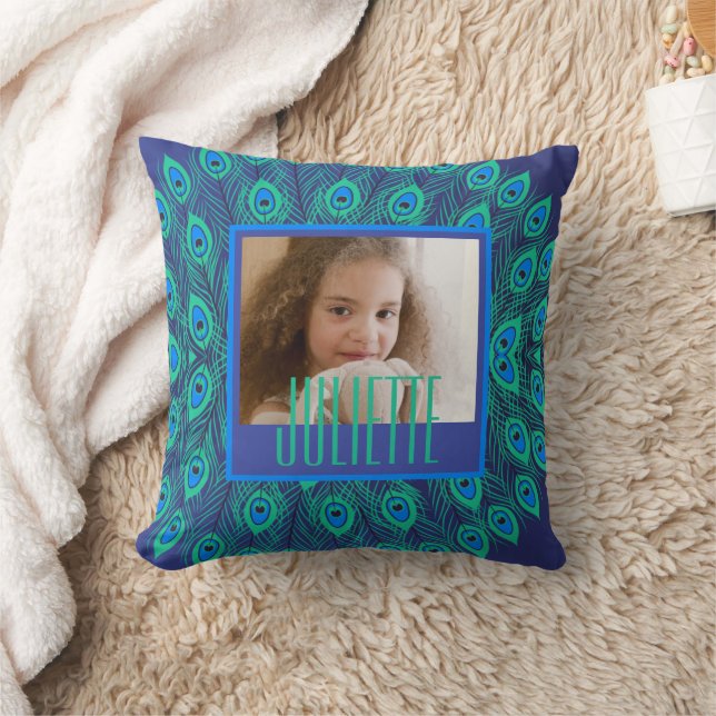 DAZZLING PEACOCK FEATHERS WITH PHOTO & TEXT THROW PILLOW (Blanket)