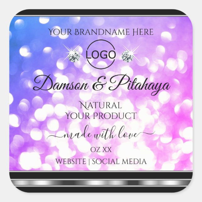Dazzling Pink Blue Glitter Product Labels Add Logo (Front)