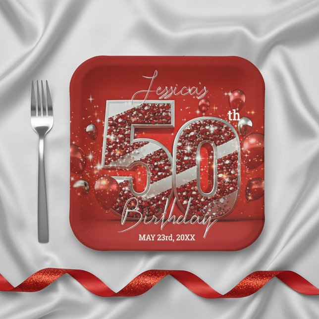 Dazzling Red and Silver Glittery 50th Birthday Paper Plates (Creator Uploaded)