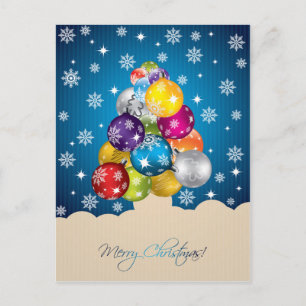 Dazzling Snowfall on Multi Colored Christmas Ball Holiday Postcard